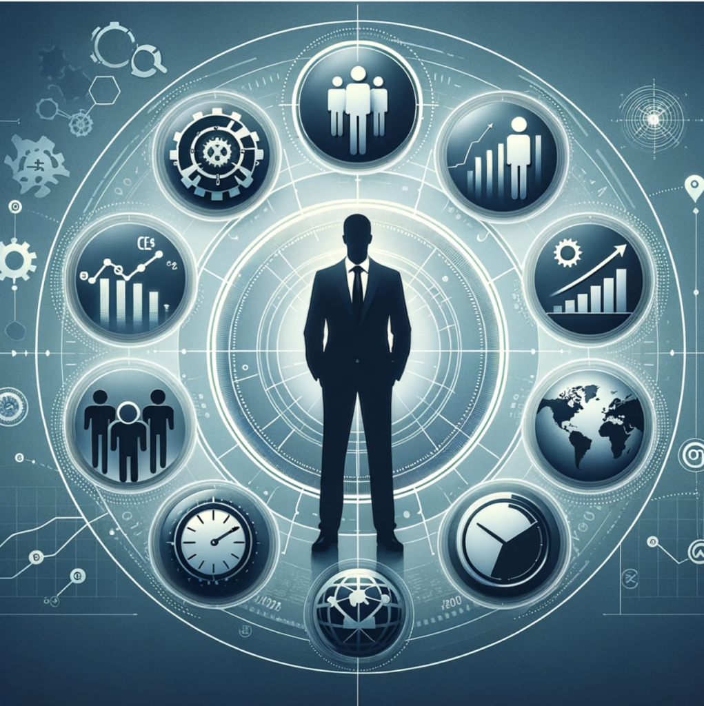Portrays a professional figure, possibly in silhouette, encircled by five distinct symbols or icons. Each symbol reflects a core responsibility of a CEO, such as strategic planning, leadership, financial management, global outreach, and time management, conveying the essence of leadership, strategy, and the unique role of a CEO in a corporate environment.